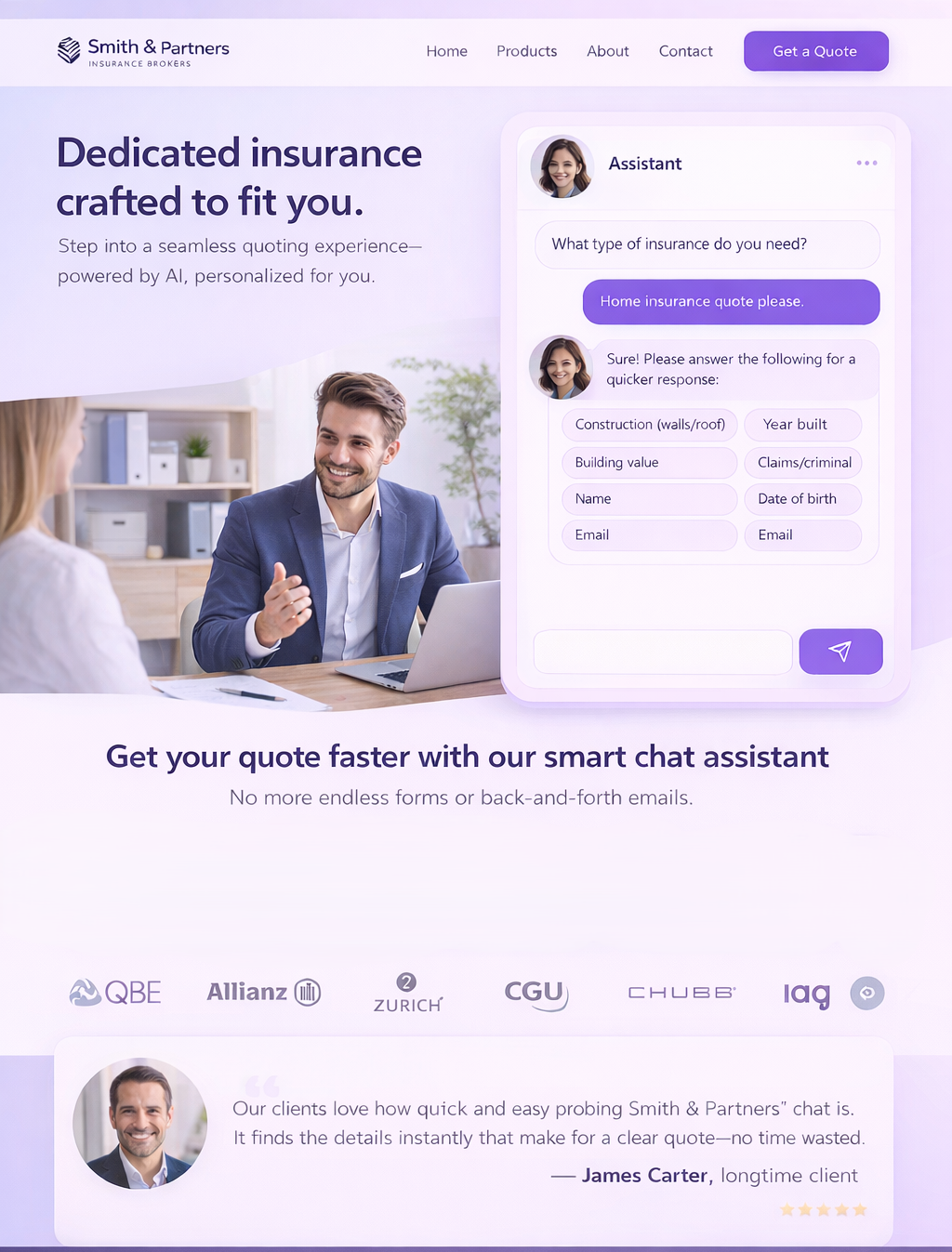 Insurance broker website with chat plugin